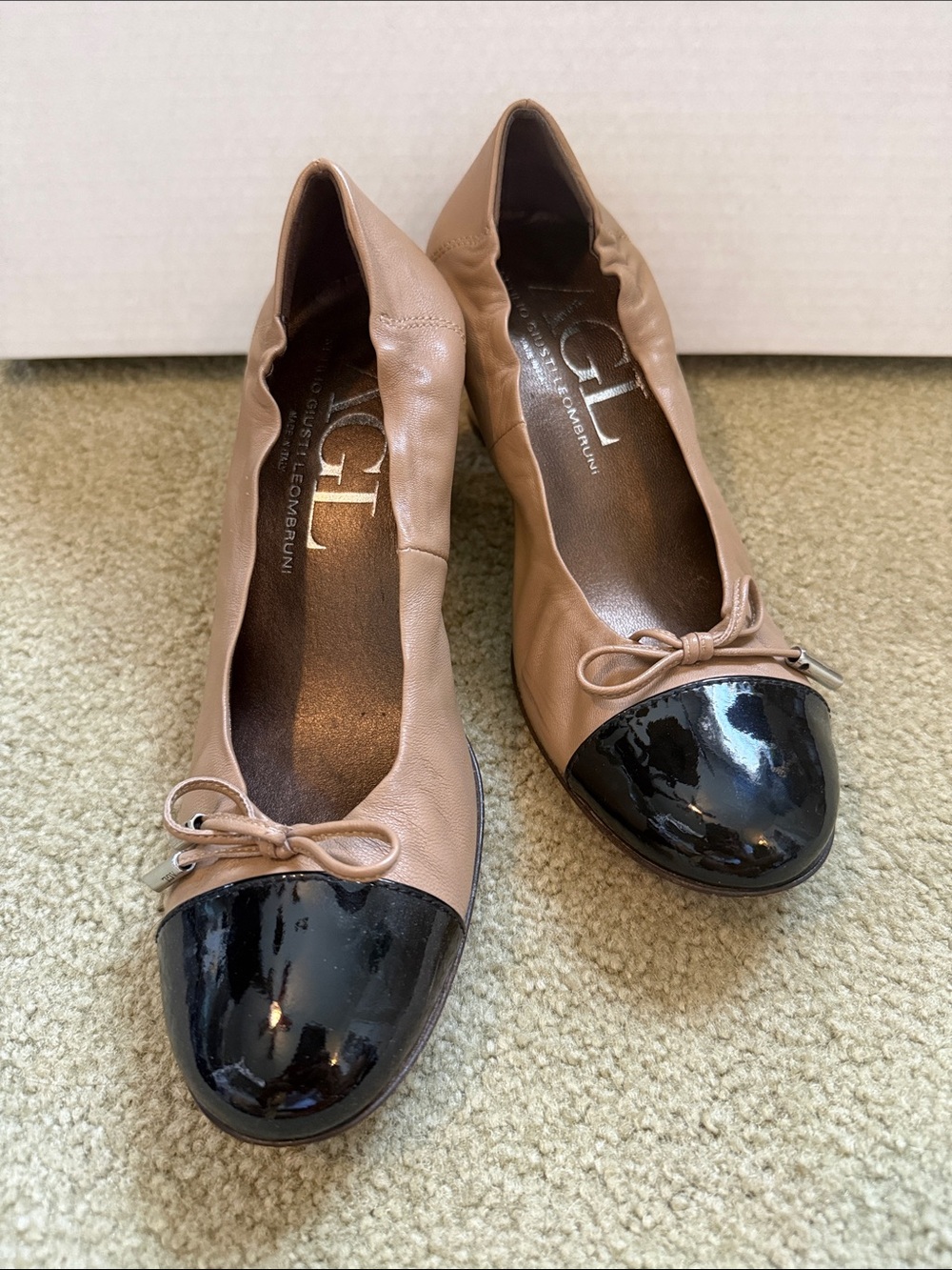 AGL Two-Tone Leather Heals in Taupe and Black Patent